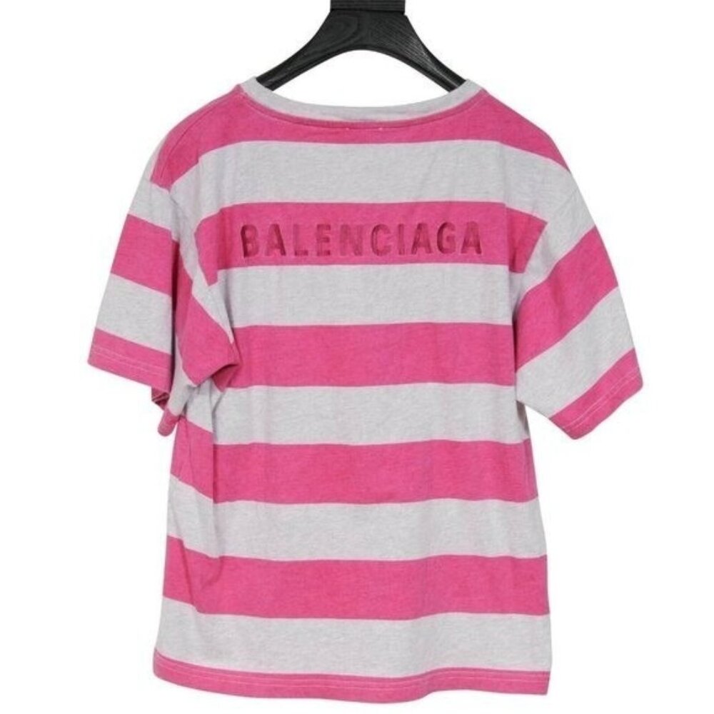 Balenciaga Women Striped Logo Crew Neck T Shirt 10 Medium Pink Grey Cotton Top